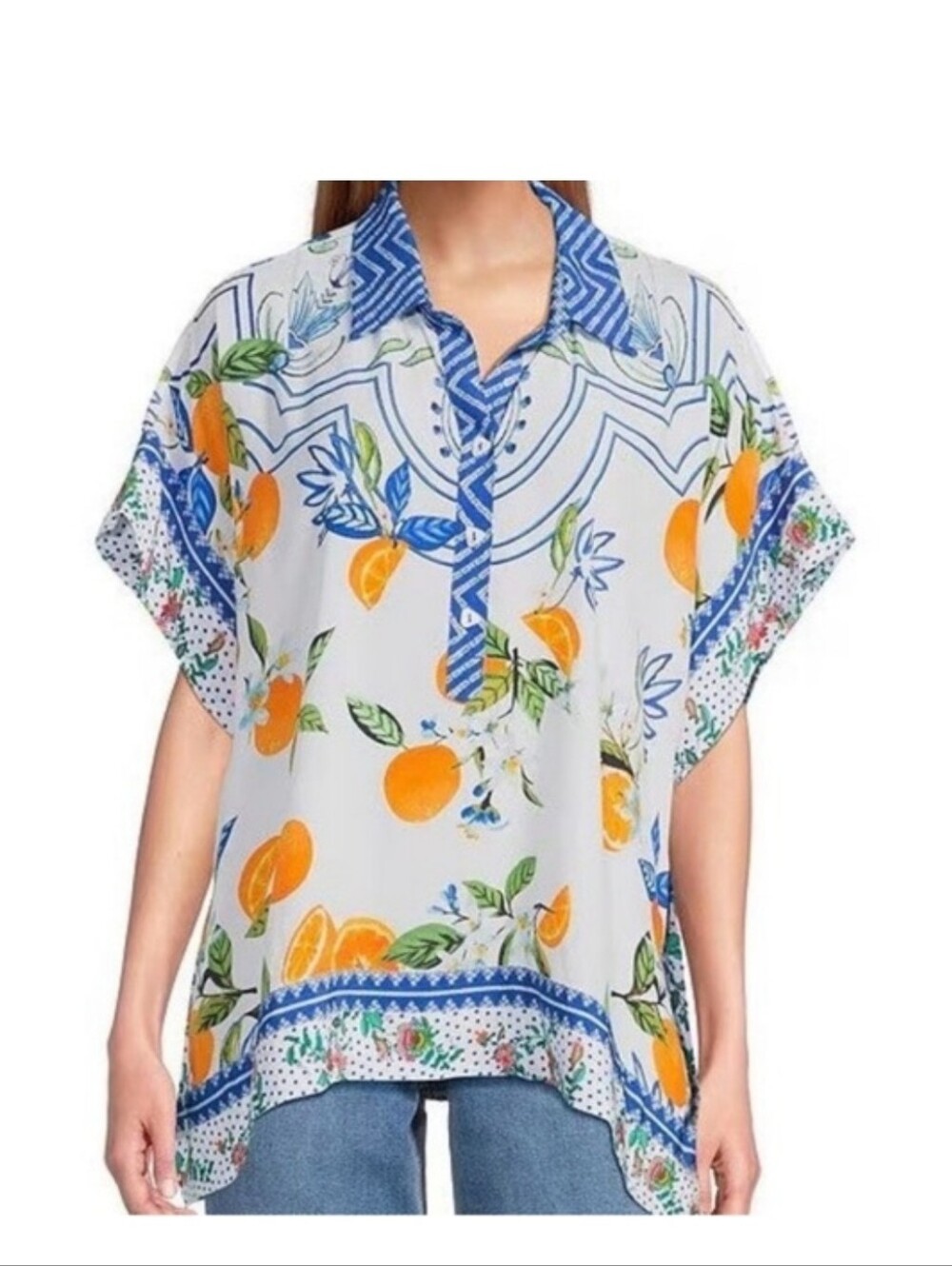 John Mark floral and citrus print popover tunic featuring blue geometric border